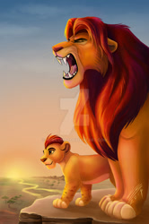Size: 729x1097 | Tagged: safe, artist:nubilum93, kion (the lion guard), simba (the lion king), big cat, feline, lion, mammal, feral, disney, the lion guard, the lion king, cub, duo, duo male, father, father and child, father and son, male, males only, pride rock (the lion king), roar, roaring, son, young
