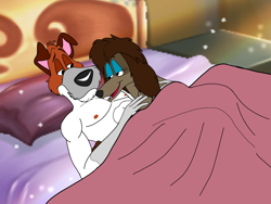 Size: 3260x2451 | Tagged: safe, artist:ledorean, dodger (oliver & company), rita (oliver & company), canine, dog, jack russell terrier, mammal, saluki, terrier, anthro, disney, oliver & company, bed, cuddling, duo, female, hug, male, male/female, morning, shipping