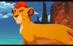 Size: 1280x804 | Tagged: safe, artist:foresta_dog, kion (the lion guard), big cat, feline, lion, mammal, feral, disney, the lion guard, the lion king, blue sky, cliff, cloud, cub, eye scar, gorge, letterboxing, male, scar, sky, solo, solo male, young