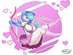 Size: 2203x1673 | Tagged: suggestive, artist:thyhsilverfeet, fictional species, gardevoir, shiny pokémon, anthro, digitigrade anthro, nintendo, pokémon, 2023, bedroom eyes, belly button, big breasts, bottomwear, bow, breasts, butt, clothes, cupid, digital art, ears, eyelashes, female, hair, holiday, looking at you, nipple outline, one eye closed, open mouth, shirt, skirt, socks, solo, solo female, thighs, tongue, topwear, underass, valentine's day, wide hips