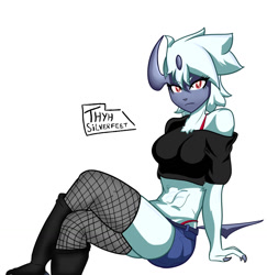 Size: 1243x1280 | Tagged: safe, artist:thyhsilverfeet, absol, fictional species, mammal, anthro, nintendo, pokémon, 2020, belly button, boots, bottomwear, bra, breasts, clothes, crop top, digital art, ears, eyelashes, female, fishnet, fishnet stockings, fur, hair, horn, legwear, panties, see-through, shoes, shorts, simple background, solo, solo female, stockings, tail, tank top, thighs, topwear, underwear, white background, wide hips