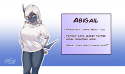 Size: 1818x1080 | Tagged: safe, artist:thyhsilverfeet, oc, oc only, absol, fictional species, mammal, anthro, nintendo, pokémon, 2023, bedroom eyes, black nose, bottomwear, breasts, clothes, digital art, ears, eyelashes, female, fur, hair, horn, looking at you, mature, mature female, pants, reference sheet, shirt, solo, solo female, tail, thighs, topwear, wide hips