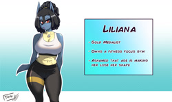 Size: 1818x1080 | Tagged: safe, artist:thyhsilverfeet, oc, oc only, fictional species, lucario, mammal, anthro, nintendo, pokémon, 2023, abs, bedroom eyes, belly button, black nose, bottomwear, breasts, clothes, digital art, ears, eyelashes, female, fur, hair, looking at you, mature, mature female, muscles, open mouth, reference sheet, shorts, solo, solo female, sports bra, sports shorts, tail, thighs, tongue, topwear, wide hips