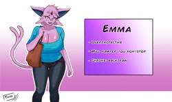 Size: 1818x1080 | Tagged: safe, artist:thyhsilverfeet, oc, oc only, eeveelution, espeon, fictional species, mammal, anthro, nintendo, pokémon, 2023, bedroom eyes, big breasts, black nose, bottomwear, breasts, clothes, digital art, ears, eyelashes, female, fur, glasses, hair, handbag, looking at you, mature, mature female, open mouth, pants, reference sheet, sharp teeth, shirt, solo, solo female, tail, teeth, thighs, tongue, topwear, wide hips