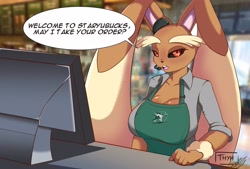 Size: 4096x2774 | Tagged: safe, artist:thyhsilverfeet, fictional species, lopunny, mammal, anthro, nintendo, pokémon, 2023, apron, arm fluff, bedroom eyes, black sclera, blurred background, breasts, clothes, colored sclera, detailed background, dialogue, digital art, ear fluff, ears, eyelashes, female, fluff, fur, hair, i mean breast milk, looking at you, meme, microphone, monitor, open mouth, pink nose, shirt, solo, solo female, speech bubble, starbucks, talking, talking to viewer, text, tongue, topwear, wide hips