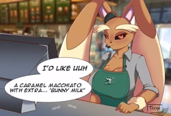 Size: 4096x2774 | Tagged: safe, alternate version, artist:thyhsilverfeet, fictional species, lopunny, mammal, anthro, nintendo, pokémon, 2023, apron, arm fluff, bedroom eyes, black sclera, blurred background, breasts, clothes, colored sclera, detailed background, dialogue, digital art, ear fluff, ears, eyelashes, female, fluff, fur, hair, i mean breast milk, looking at you, meme, microphone, monitor, pink nose, shirt, solo, solo female, speech bubble, starbucks, talking, talking to viewer, text, topwear, wide hips