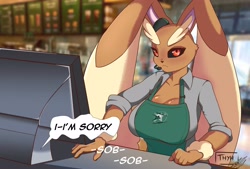 Size: 4096x2774 | Tagged: safe, alternate version, artist:thyhsilverfeet, fictional species, lopunny, mammal, anthro, nintendo, pokémon, 2023, apron, arm fluff, bedroom eyes, black sclera, blurred background, breasts, clothes, colored sclera, crying, detailed background, dialogue, digital art, ear fluff, ears, eyelashes, female, fluff, fur, hair, i mean breast milk, looking at you, meme, microphone, monitor, pink nose, shirt, solo, solo female, speech bubble, starbucks, talking, talking to viewer, text, topwear, unamused, wide hips