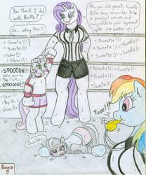 Size: 816x979 | Tagged: suggestive, artist:jose-ramiro, rainbow dash (mlp), rarity (mlp), silver spoon (mlp), sweetie belle (mlp), anthro, semi-anthro, friendship is magic, hasbro, my little pony, boxing, boxing gloves, boxing ring, boxing shorts, clothes, female, gloves, group, knockout, referee, shirt, topwear, trio, whistle