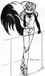 Size: 418x695 | Tagged: safe, artist:polecat, oc, oc only, mammal, skunk, anthro, 2002, black and white, clothes, female, grayscale, jeans, monochrome, pants, solo, solo female, tank top, topwear