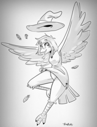 Size: 1391x1830 | Tagged: safe, artist:bun_butts, bird, anthro, beak, black and white, bottomwear, claws, clothes, comic, cute, dress, eyelashes, feathers, female, flying, grayscale, hair, hat, headwear, looking at you, monochrome, panties, robe, signature, simple background, smiling, solo, solo female, talons, underwear, wings, wizard, wizard hat