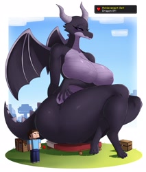 Size: 1747x2048 | Tagged: suggestive, artist:gammainks, steve (minecraft), dragon, ender dragon, fictional species, human, mammal, anthro, minecraft, achievement, arm under breasts, bed, big breasts, black scales, breasts, clothed male nude female, clothes, dragoness, female, flower, giantess, jean?, lidded eyes, macro, male, nipple outline, nudity, outdoors, plant, scales, sitting on bed, size difference, smiling, thick thighs, thighs