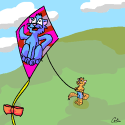 Size: 400x400 | Tagged: safe, artist:guppy, oc, oc only, cat, feline, mammal, anthro, feral, 1:1, 2001, blue body, blue fur, cloud, detailed background, fur, grass, kite, low res, male, open mouth, open smile, smiling