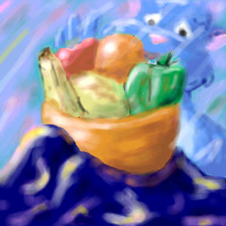 Size: 400x400 | Tagged: safe, artist:guppy, oc, oc only, oc:guppy, cat, feline, mammal, anthro, 1:1, 2001, apple, banana, blue body, blue fur, bowl, container, food, fruit, fur, looking at something, low res, male, oekaki, orange, pepper, solo, solo male