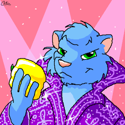 Size: 400x400 | Tagged: safe, artist:guppy, oc, oc only, oc:guppy, cat, feline, mammal, anthro, 1:1, 2001, bell pepper, blue body, blue fur, bust, food, fur, green eyes, holding, holding object, low res, male, oekaki, pepper, pink nose, pixel art, smiling, solo, solo male