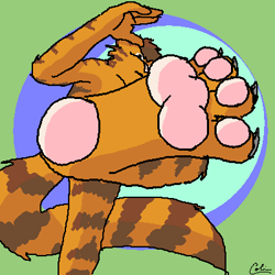 Size: 400x400 | Tagged: safe, artist:guppy, oc, oc only, cat, feline, mammal, anthro, 1:1, 2001, brown body, brown fur, foot focus, front view, fur, kick, kicking, low res, male, oekaki, paw pads, pink paw pads, pixel art, solo, solo male