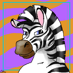 Size: 400x400 | Tagged: safe, artist:guppy, equine, mammal, zebra, anthro, 2001, abstract background, black stripes, blue eyes, bust, icon, male, smiling, solo, solo male