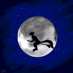 Size: 400x400 | Tagged: safe, artist:guppy, anthro, 1:1, 2001, broom, broomstick, flying, flying broomstick, halloween, holiday, low res, moon, night, oekaki, silhouette, solo