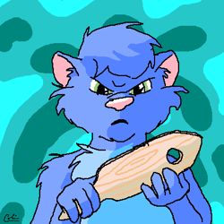 Size: 400x400 | Tagged: safe, artist:guppy, oc, oc only, oc:guppy, cat, feline, mammal, anthro, 1:1, 2001, abstract background, blue body, blue fur, fluff, fur, holding, holding object, looking at you, low res, male, pink nose, shoulder fluff, solo, solo male, unamused