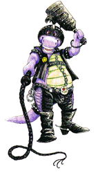 Size: 426x748 | Tagged: suggestive, artist:michele gault, reptile, 1996, black pants, boots, bottomwear, clothes, club (weapon), holding, holding object, looking at you, pants, pencil drawing, purple body, shoes, simple background, traditional art, whip, white background, yellow body