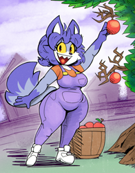 Size: 3379x4311 | Tagged: safe, artist:cloudidoodles, oc, oc only, oc:roxanne (cloudidoodles), canine, fox, mammal, anthro, 2023, basket, big tail, blue body, blue fur, blue tail, breasts, clothes, colored sclera, container, female, food, fruit, fur, hair, high res, looking at you, multicolored fur, multicolored tail, open mouth, open smile, outdoors, overalls, plant, purple body, purple fur, purple hair, purple tail, shirt, shoes, slightly chubby, smiling, smiling at you, solo, solo female, t-shirt, tail, thick thighs, thighs, topwear, tree, two toned body, two toned fur, two toned tail, wide hips, yellow sclera