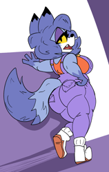 Size: 2215x3495 | Tagged: suggestive, artist:cloudidoodles, oc, oc only, oc:roxanne (cloudidoodles), canine, fox, mammal, anthro, 2023, abstract background, big breasts, big butt, big tail, blue body, blue fur, blue hair, blue tail, breasts, butt, clothes, colored sclera, female, fur, hair, high res, lidded eyes, looking at you, multicolored fur, multicolored tail, open mouth, overalls, shirt, shoes, sideboob, solo, solo female, t-shirt, tail, topwear, two toned body, two toned fur, two toned tail, yellow sclera