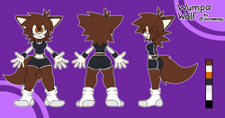 Size: 4200x2200 | Tagged: safe, artist:wumpamgs, oc, oc only, oc:wumpa wolf, canine, mammal, wolf, anthro, 2022, 5 fingers, abstract background, black nose, bottomwear, breasts, brown body, brown fur, brown hair, brown tail, butt, clothes, crop top, cropped shirt, cute, cute little fangs, ear piercing, fangs, female, fur, gloves, hair, high res, midriff, orange eyes, piercing, purple background, reference sheet, shirt, short shorts, shorts, simple background, smiling, socks, solo, solo female, t-shirt, tail, teeth, text, topwear, white gloves