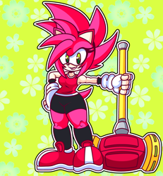 Size: 3600x3900 | Tagged: safe, artist:wumpamgs, amy rose (sonic), hedgehog, mammal, anthro, sega, sonic the hedgehog (series), 2023, bottomwear, clothes, female, green eyes, hair, hairband, hand on hip, high res, holding, holding object, holding weapon, looking at you, muscles, pattern background, piko piko hammer, pink body, redesign, shirt, shoes, shorts, sleeveless, smiling, smiling at you, socks, solo, solo female, topwear, weapon