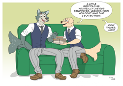 Size: 2292x1607 | Tagged: safe, artist:duly noted, part of a set, jack (beastars), legoshi (beastars), canine, dog, labrador, mammal, wolf, anthro, beastars, 2023, 5 fingers, anthro/anthro, black eyes, blushing, bottomwear, brown nose, clothes, couch, cream body, cream fur, dialogue, duo, duo male, elbow fluff, english text, fluff, food, fur, gradient background, gray body, gray fur, holding, holding object, legojack (beastars), male, males only, multicolored fur, necktie, open mouth, open smile, pants, plate, sandwich, scar, shipping, shoes, signature, sitting, smiling, speech bubble, tail, tail wag, talking, text, topwear, two toned body, two toned fur