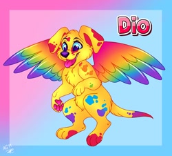Size: 1280x1156 | Tagged: safe, artist:aethongryphon, oc, oc:dio, canine, dog, mammal, feral, colored, flying, lisa frank, male, paint, puppy, rainbow wings, solo, solo male, wings, young