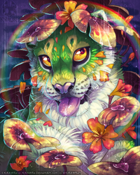 Size: 720x900 | Tagged: safe, artist:kirawra, big cat, feline, leopard, mammal, feral, ambiguous gender, dtiys, flower, flower petals, plant, rainbow, solo