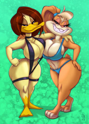 Size: 992x1377 | Tagged: suggestive, artist:joelasko, lola bunny (looney tunes), bird, duck, lagomorph, leporid, mammal, rabbit, waterfowl, anthro, looney tunes, warner brothers, asymmetrical docking, barefoot, bedroom eyes, big breasts, bikini, blue bikini, blue swimsuit, breast frottage, breast squish, breasts, breasts touching, clothes, curvy, curvy figure, duo, duo female, female, females only, hair, hair accessory, hand on leg, hand on thigh, long hair, looking at you, makeup, midriff, ponytail, purple bikini, purple swimsuit, short hair, short tail, simple background, sling bikini, smiling, standing, swimsuit, tail, teeth, the looney tunes show, thighs, tied hair, tina russo (looney tunes), two toned body, webbed feet