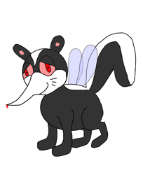 Size: 1053x1232 | Tagged: safe, artist:lunarmoon21, arthropod, fictional species, hybrid, insect, mammal, skunk, feral, blood, drugged, drugs, fur, high, male, mosquito, proboscis, red eyes, simple background, solo, solo male, striped fur, weed, whiskers, white background