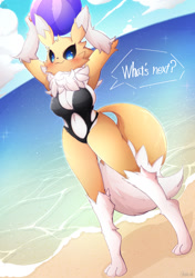 Size: 1062x1505 | Tagged: safe, artist:hinata sakamoto, fictional species, renamon, anthro, digitigrade anthro, digimon, 2022, armpits, ball, beach ball, belly button, black nose, black sclera, breasts, clothes, colored sclera, detailed background, digital art, ears, eyelashes, female, fluff, fur, looking at you, neck fluff, one-piece swimsuit, solo, solo female, swimsuit, tail, thighs, wide hips