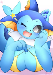 Size: 885x1254 | Tagged: safe, artist:hinata sakamoto, eeveelution, fictional species, mammal, vaporeon, anthro, nintendo, pokémon, 2023, absolute cleavage, anthrofied, big breasts, bikini, bikini top, black nose, blushing, breasts, cleavage, clothes, digital art, ears, eyelashes, female, fins, fur, looking at you, one eye closed, open mouth, pose, solo, solo female, swimsuit, tail, tongue