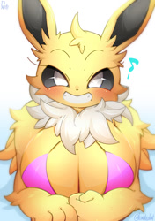 Size: 885x1254 | Tagged: safe, artist:hinata sakamoto, eeveelution, fictional species, jolteon, mammal, anthro, nintendo, pokémon, 2023, absolute cleavage, anthrofied, big breasts, bikini, bikini top, black nose, blushing, breasts, cleavage, clothes, digital art, ears, eyelashes, female, fins, fluff, fur, head fluff, looking at you, neck fluff, pose, smiling, smiling at you, solo, solo female, swimsuit, tail