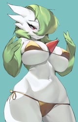 Size: 1314x2048 | Tagged: suggestive, artist:woobin94, fictional species, gardevoir, anthro, nintendo, pokémon, 2023, belly button, big breasts, bikini, blushing, breasts, cameltoe, clothes, detailed background, digital art, ears, eyelashes, female, gold bikini, looking down, low angle, micro bikini, nipple outline, one eye closed, pose, simple background, solo, solo female, swimsuit