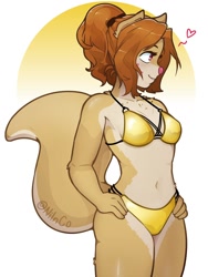 Size: 1500x2000 | Tagged: safe, artist:nilnco, oc, oc only, oc:lav (nilnco), mammal, rodent, squirrel, anthro, 2023, bikini, breasts, clothes, digital art, ears, eyelashes, female, fur, gold bikini, pink nose, pose, simple background, solo, solo female, swimsuit, tail