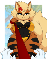 Size: 1717x2146 | Tagged: suggestive, artist:i_am_kat95, arcanine, fictional species, mammal, anthro, nintendo, pokémon, 2023, beach, belly button, big breasts, bikini, black nose, border, breasts, clothes, cross-popping veins, detailed background, digital art, duo, duo male and female, ears, eyelashes, faceless male, female, female focus, fluff, fur, gold bikini, leash, looking at you, looking down, looking down at you, male, neck fluff, offscreen character, pov, solo focus, swimsuit, tail, unamused, white border