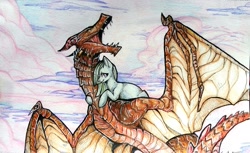 Size: 2453x1498 | Tagged: safe, artist:dethscript, dragon, equine, fictional species, mammal, pony, reptile, western dragon, hasbro, my little pony, the elder scrolls, the elder scrolls v: skyrim, detailed background, open mouth, orange scales, pencil drawing, scales, sky, traditional art