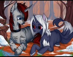 Size: 1280x994 | Tagged: safe, artist:dethscript, oc, oc only, equine, fictional species, mammal, pony, unicorn, feral, hasbro, my little pony, 2016, detailed background, duo, female, fur, gray body, gray fur, hair, looking at someone, lying down, outdoors, plant, prone, red eyes, red hair, smiling, tree, white hair