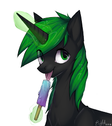 Size: 2675x3000 | Tagged: safe, artist:dethscript, oc, oc only, equine, fictional species, mammal, pony, unicorn, feral, hasbro, my little pony, 2016, ambiguous gender, black body, black fur, blep, fur, gift art, green eyes, lollipop, magic, magic aura, simple background, smiling, solo, solo ambiguous, tongue, tongue out, transparent background
