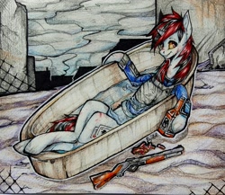 Size: 2285x1979 | Tagged: safe, artist:dethscript, oc, oc only, equine, fictional species, mammal, pony, unicorn, feral, hasbro, my little pony, detailed background, female, hair, pencil drawing, red hair, sky, solo, solo female, traditional art, white body