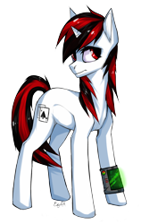 Size: 3500x5545 | Tagged: safe, artist:dethscript, oc, oc only, equine, fictional species, mammal, pony, unicorn, feral, hasbro, my little pony, absurd resolution, black hair, black tail, cutie mark, female, fur, hair, looking aside, multicolored hair, multicolored tail, red eyes, red hair, red tail, shaded, simple background, solo, solo female, tail, transparent background, two toned hair, two toned tail, white body, white fur, wristband
