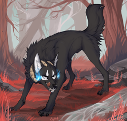 Size: 2568x2441 | Tagged: safe, artist:dethscript, oc, oc only, canine, mammal, feral, 2016, ambiguous gender, black body, black claws, black fur, black nose, claws, forest, forest background, fur, grass, licking, licking self, outdoors, ram horns, smiling, solo, solo ambiguous, stone, tongue, tongue out