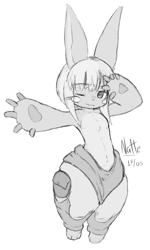 Size: 852x1422 | Tagged: safe, artist:nade, nanachi (made in abyss), fictional species, lagomorph, leporid, mammal, rabbit, anthro, digitigrade anthro, made in abyss, 2023, artist name, clothes, dated, ears, female, fingers, fur, grayscale, hair, kemono, long ears, monochrome, one eye closed, paw pads, paws, sketch, solo, solo female, text, winking