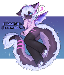 Size: 1500x1757 | Tagged: safe, artist:coco meltie, oc, oc only, dragon, fictional species, furred dragon, anthro, digitigrade anthro, 2023, abstract background, ambiguous gender, artist name, blue eyes, blue hair, clothes, commission, fur, hair, kemono, looking at you, one eye closed, purple body, simple background, solo, speech bubble, tail, text, tongue, tongue out, wings, winking