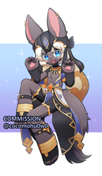Size: 867x1500 | Tagged: safe, artist:coco meltie, canine, mammal, wolf, anthro, digitigrade anthro, genshin impact, 2023, abstract background, black body, black fur, blue eyes, body markings, clothes, commission, cyno (genshin impact), ear piercing, earring, ears, egyptian, fangs, feet, fur, hair, kemono, looking at you, male, mihoyo, open mouth, paw pads, paws, piercing, sharp teeth, smiling, smiling at you, solo, solo male, tail, teeth, white hair