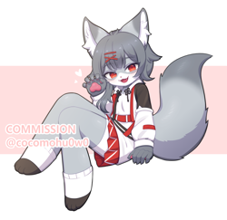 Size: 1500x1458 | Tagged: safe, artist:coco meltie, oc, oc only, cat, feline, mammal, anthro, 2023, artist name, blushing, clothes, commission, ears, fangs, feet, female, fur, gray body, gray fur, gray hair, hair, heart, looking at you, open mouth, paw pads, paws, red eyes, sharp teeth, simple background, sitting, smiling, smiling at you, solo, solo female, tail, teeth, text