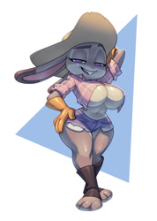 Size: 703x990 | Tagged: suggestive, artist:bigdad, artist:daredemon7000, collaboration, judy hopps (zootopia), lagomorph, mammal, rabbit, anthro, disney, zootopia, bedroom eyes, big breasts, boots, bottomwear, breasts, cleavage, clothes, daisy dukes, female, gloves, hand behind head, hand on hip, hat, headwear, looking at you, open clothes, shoes, short shorts, shorts, simple background, smiling, solo, solo female, sun hat, underboob