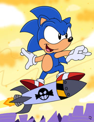 Size: 600x777 | Tagged: safe, artist:slysonic, sonic the hedgehog (sonic), hedgehog, mammal, anthro, adventures of sonic the hedgehog, sega, sonic the hedgehog (series), 2023, 2d, male, missile, show accurate, solo, solo male, surfing, weapon
